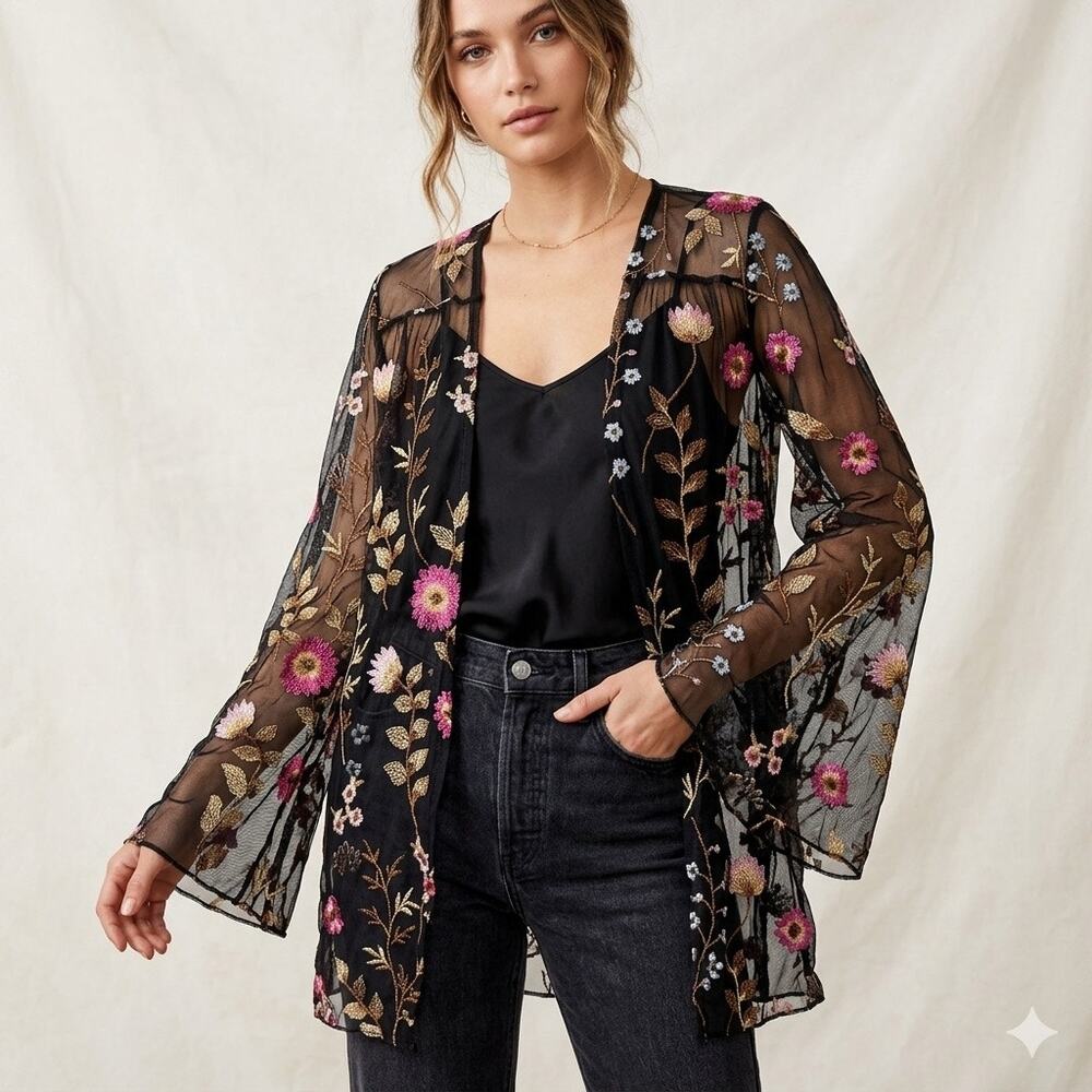 Cha Cha Vente Floral Embroidered Mesh Kimono Cardigan Black Medium Boho USA